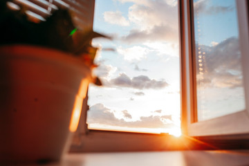 Bright evening sun in the open window