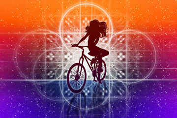 Fototapeta na wymiar Beautiful girl silhouette and bicycle on fantasy sky stars. Young woman in dress with long curly hair standing with bike on bright abstract space background.