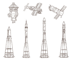 Hand drawn digital sketch illustration with spacecraft and launch vehicles isolated on white