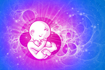 Newborn little baby among fantasy sky stars. Small child sleeping on bright abstract space background. Conceptual symbol of happy birth and childhood of people.