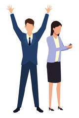 Businessman with arms up and businesswoman