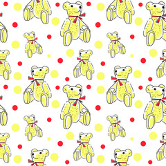 Taddy bear pattern. Seamless background drawn by hands doodle toy bear. Vector pattern on a transparent background.