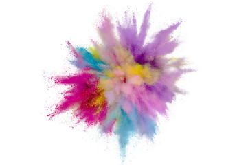 Colored powder explosion on white background. Abstract closeup dust on backdrop. Colorful explode....