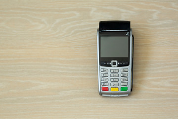 Payment terminal top view composition. Finance, technology and  payment - close up.  