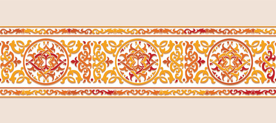 Ornamental colorful floral patterned stone relief in arabic architectural style of islamic mosque, greeting card for Ramadan Kareem