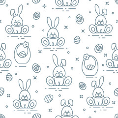 Pattern with Easter rabbits, eggs, baskets.