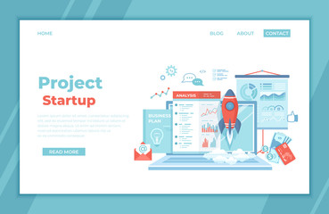 Project Startup, Financial planning, Idea, Strategy, Management, Realization, Success. Rocket launch, laptop, report, business plan, money, analysis, statistics. landing page template, web banner. 