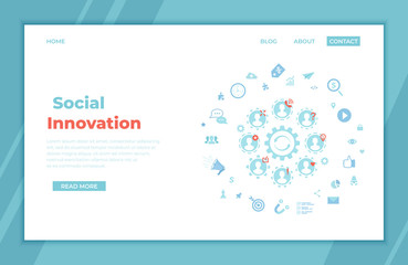 Social Innovation, Idea, Strategy, Technolog, New changes, Сommunications, Teamwork, Work together. Infographic elements. landing page template or banner. Vector