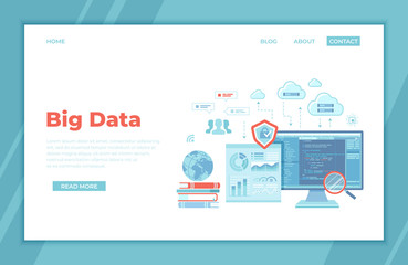 Big Data Processing, Infographic, Analysis, Analytics, Database research, Financial reporting, Cloud storage, Communication technology. Program code on monitor, graphs, charts, cloud server. landing 