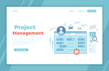 Project Management, Application Service for corporate managing, Team control, Manager, Effective distribution of tasks, Planning, Organization, Planner. landing page template, web banner. Vector