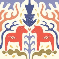Swedish Dala red horse pattern, scandinavian folk design, floral ornament. Dalecarlian vector
