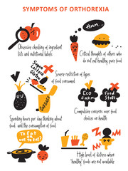Infographic poster about symptoms of orthorexia with hand drawn elements. Healthy eating obsession concept. Vector design.