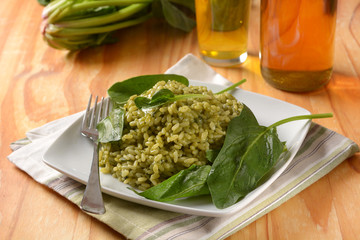 Italian risotto with spinach in the white dish - vegetarian recipe - closeup