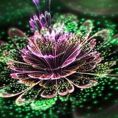 Green and purple fractal flower with sparkles, digital artwork for creative graphic design