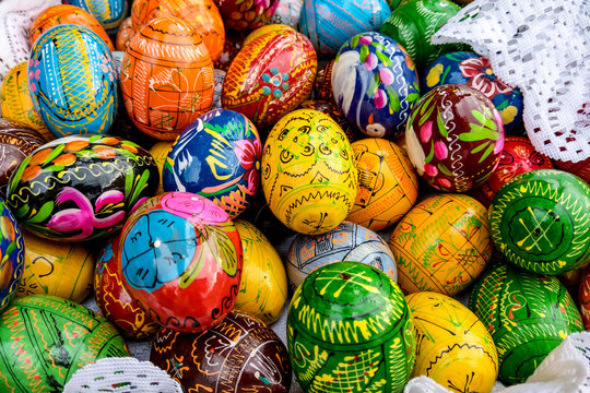 Easter celebration background with easter eggs and flower.