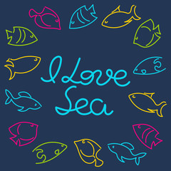 I love sea. Beautiful contours of sea fish, frame, place for text. Vector.