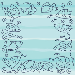 Doodle hand drawing background. Frame. Sea, Fish, whales . Vector illustration