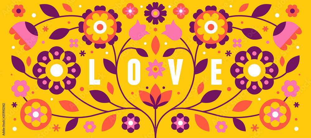 Aufkleber vector illustration with text love in simple flat geometric and linear style in bright colors - hori
