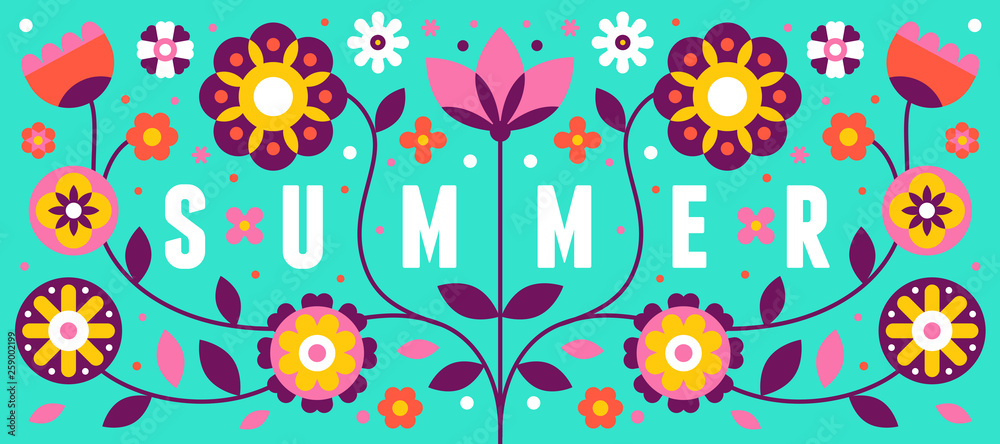 Aufkleber vector illustration with text summer in simple flat geometric and linear style in bright colors