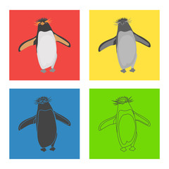 Crested penguin color flat, line, simple, black and white concept icons set