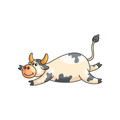 Funny satisfied lazy spotted cow lying on stomach isolated on white