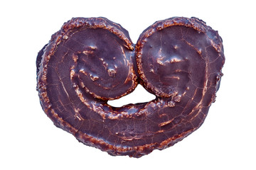 Chocolate palmier heart. White isolated.