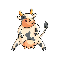 Funny smiling spotted cow with paws on sides giving wink isolated on white