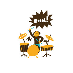 Funny hand drawn illustration of a drummer and a phrase Boom.Vector design.