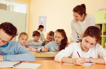 Fototapeta premium Teacher and pupils working in classroom