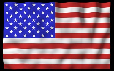 Obraz premium Macha flagą Stanów Zjednoczonych Ameryki na ciemnym tle. Gwiazdy i paski. Symbol stanu USA. Ilustracja 3D