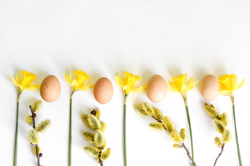 Easter eggs in a bascule with narcissus. chicken eggs