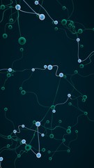 Neural network. Social network. Futuristic dna, deoxyribonucleic acid. Abstract molecule, cell illustration, mycelium. Dark background. 3D illustration