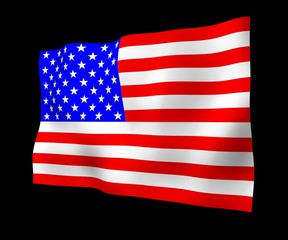 Waving flag of the United States of America on a dark background. Stars and Stripes. State symbol of the USA. 3D illustration