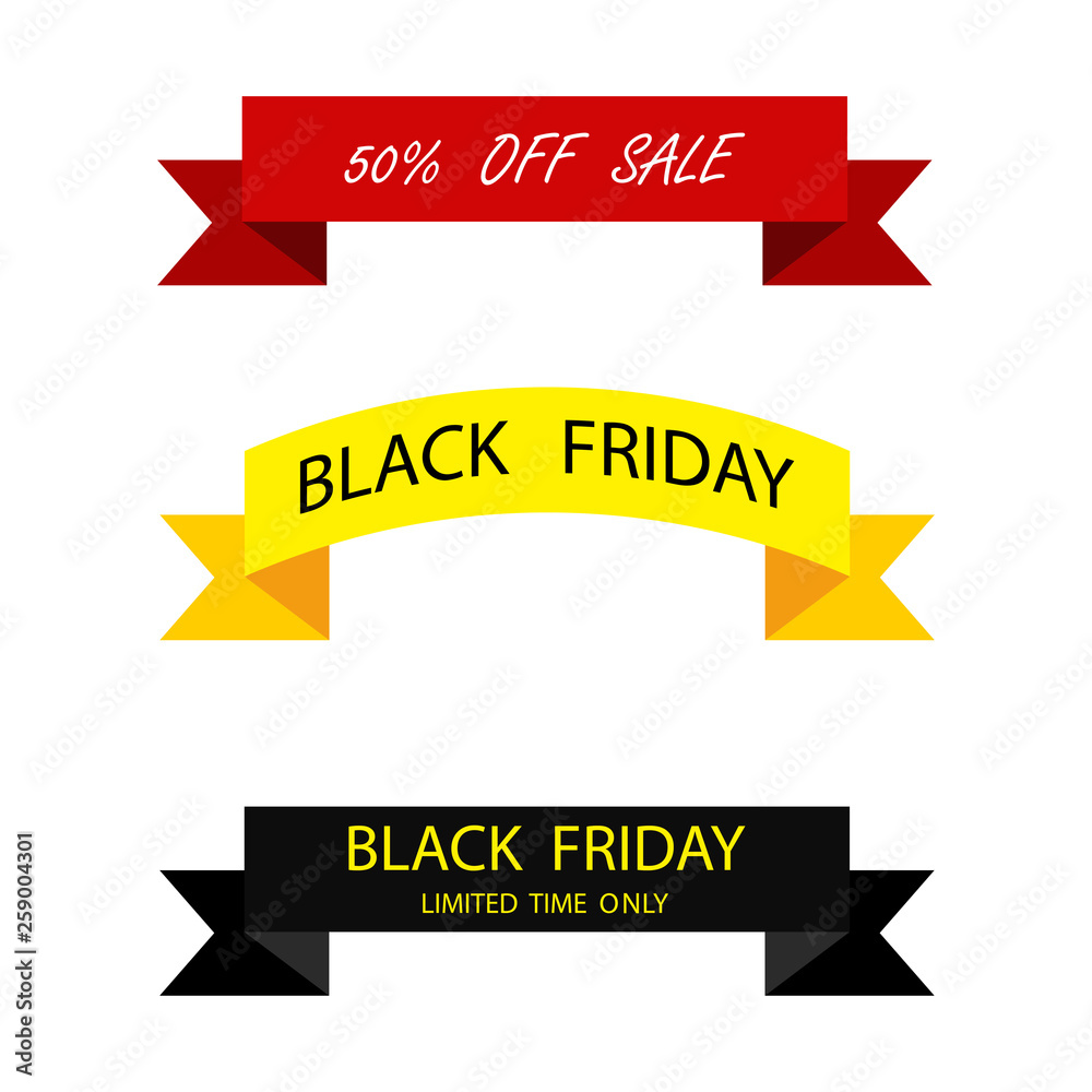 Poster Three ribbon banners Black Friday sale. Red yellow and black ribbon banners Black Friday sale. 50 off sale