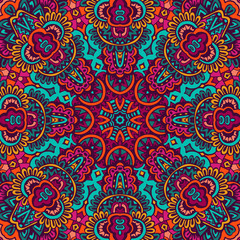 Tribal indian flower ethnic seamless design. Festive colorful mandala pattern ornament.
