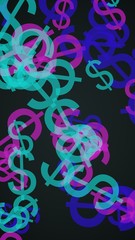Multicolored translucent dollar signs on dark background. Green tones. 3D illustration