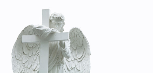 Ancient statue of a sad angel with cross. Isolated on white background. Faith, religion, Christianity, death, immortality concept.