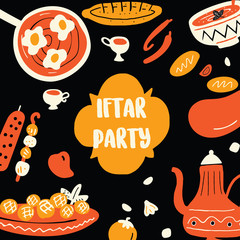 Hand drawn illustration of traditional middle eastern food for iftar party. Flyer template, black background.