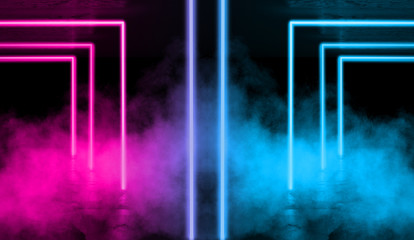 Background of empty room with concrete pavement. Spotlight light, multicolored neon light, reflection on tile. Laser lines, figures, smoke, smog