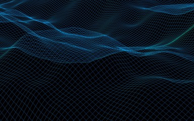 Abstract landscape on a dark background. Cyberspace navy blue grid. Hi-tech network. 3D illustration