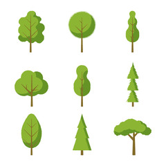 Set of trees - fir-tree, pine, oak. Flat style icons.