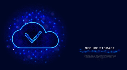 Cloud data storage or computing concept. Cyber security technology with abstract blue polygonal background and check mark. Template design for banner, poster, advertising. Vector illustration