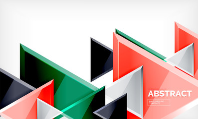 Triangles repetiton geometric abstract background, multicolored glossy triangular shapes, hi-tech poster cover design or web presentation template with copy space