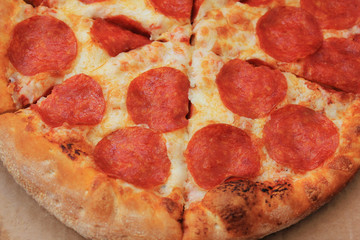 Pepperoni pizza slices isolated on white background close up top view. Traditional classic hot italian pizza with pepperoni and cheese ingredients. Tasty fresh pepperoni pizza on plate for lunch