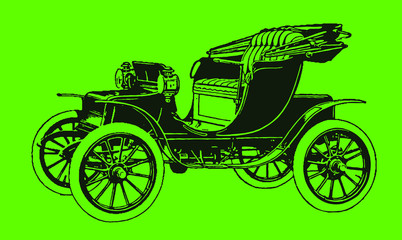 Fototapeta na wymiar Antique two-seat electric motor car in three quarter front view, after engraving from early 20th century