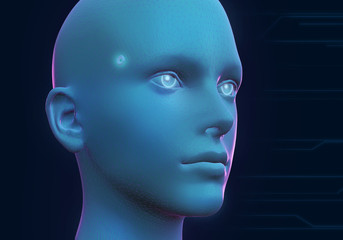 Android robot head with wireframe in neon colors. Human head with cyber microchip. Artificial intelligence. 3d render