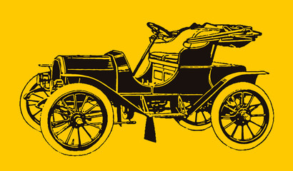Fototapeta na wymiar Antique electric motor car in quarter front view. Illustration after engraving from early 20th century