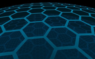 Multilayer sphere of honeycombs, gray turquoise on a dark background, social network, computer network, technology, global network. 3D illustration
