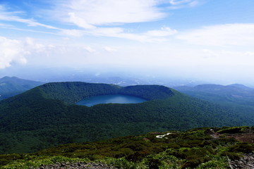 View onto Onami Ike from top of Mt. Karakunidake, highest mountain in Ebino kogen area, Kyushu, Japan