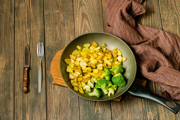 fried potatoes and broccoli in a frying pan on a wooden table